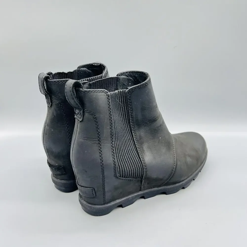 Sorel Boots Womens 8 Black Leather Joan of Arctic Wedge II Chelsea Ankle Shoes